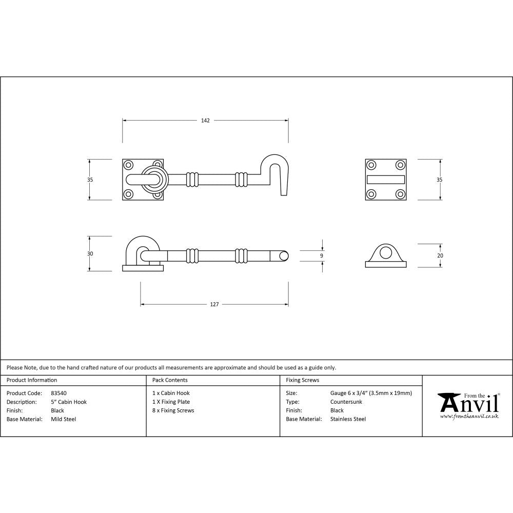High quality image of From The Anvil - Black 5" Cabin Hook | Sku. 83540 | Trade Door Handles, Kendal.