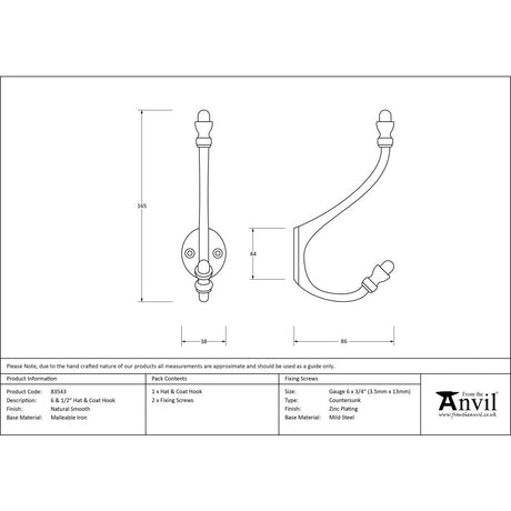 High quality image of From The Anvil - Natural Smooth 6 1/2" Hat & Coat Hook | Sku. 83543 | Trade Door Handles, Kendal.