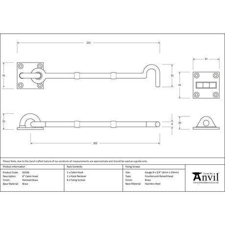 This is an image showing From The Anvil - Polished Brass 8" Cabin Hook available from trade door handles, quick delivery and discounted prices