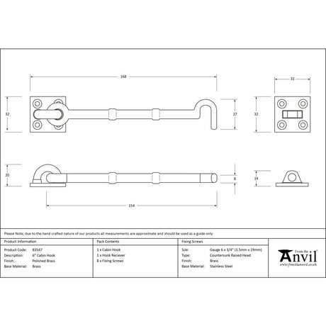 High quality image of From The Anvil - Polished Brass 6" Cabin Hook | Sku. 83547 | Trade Door Handles, Kendal.