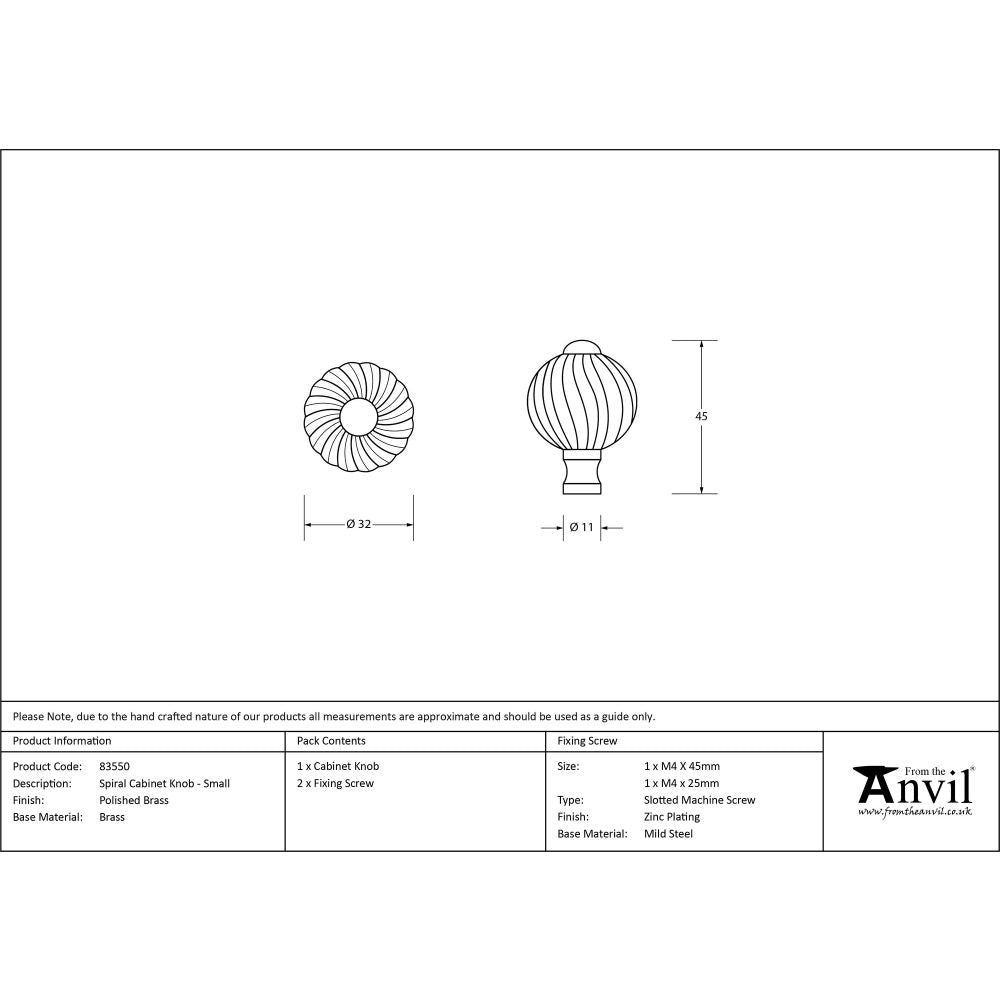 This is an image showing From The Anvil - Polished Brass Spiral Cabinet Knob - Small available from trade door handles, quick delivery and discounted prices