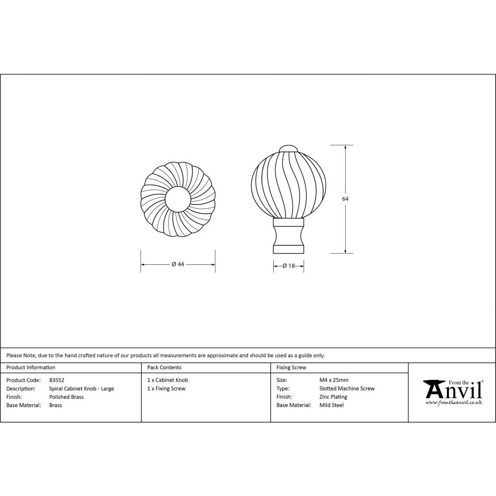 This is an image showing From The Anvil - Polished Brass Spiral Cabinet Knob - Large available from trade door handles, quick delivery and discounted prices