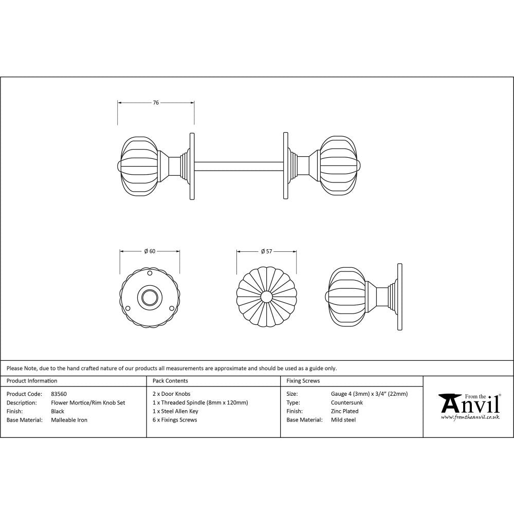 This is an image showing From The Anvil - Black Flower Mortice Knob Set available from trade door handles, quick delivery and discounted prices