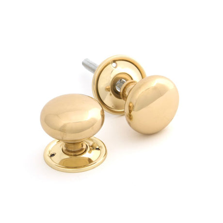This is an image showing From The Anvil - Polished Brass Mushroom Mortice/Rim Knob Set available from trade door handles, quick delivery and discounted prices