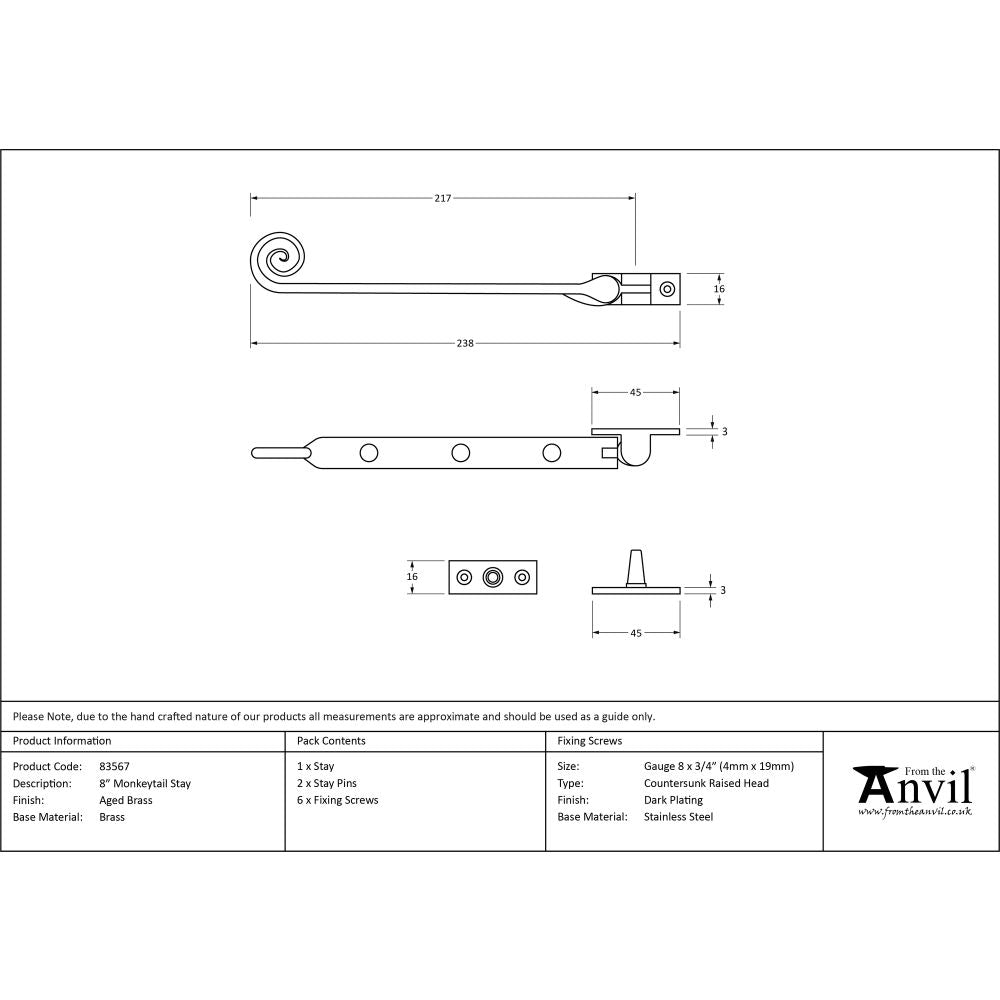 This is an image showing From The Anvil - Aged Brass 8" Monkeytail Stay available from trade door handles, quick delivery and discounted prices