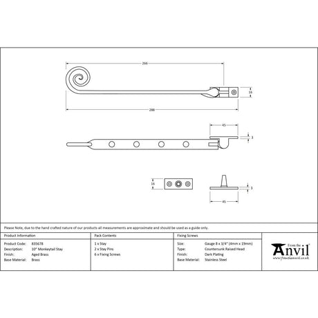 High quality image of From The Anvil - Aged Brass 10" Monkeytail Stay | Sku. 83568 | Trade Door Handles, Kendal.