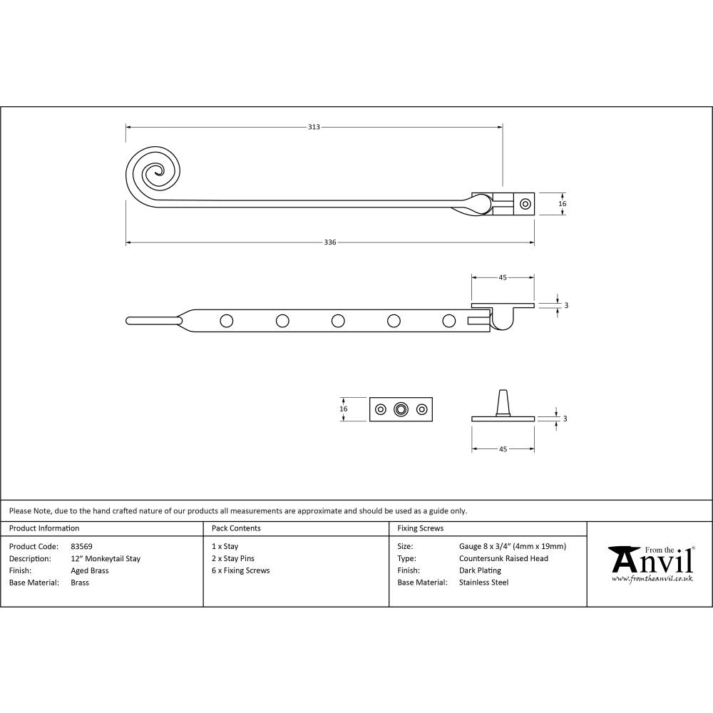 High quality image of From The Anvil - Aged Brass 12" Monkeytail Stay | Sku. 83569 | Trade Door Handles, Kendal.