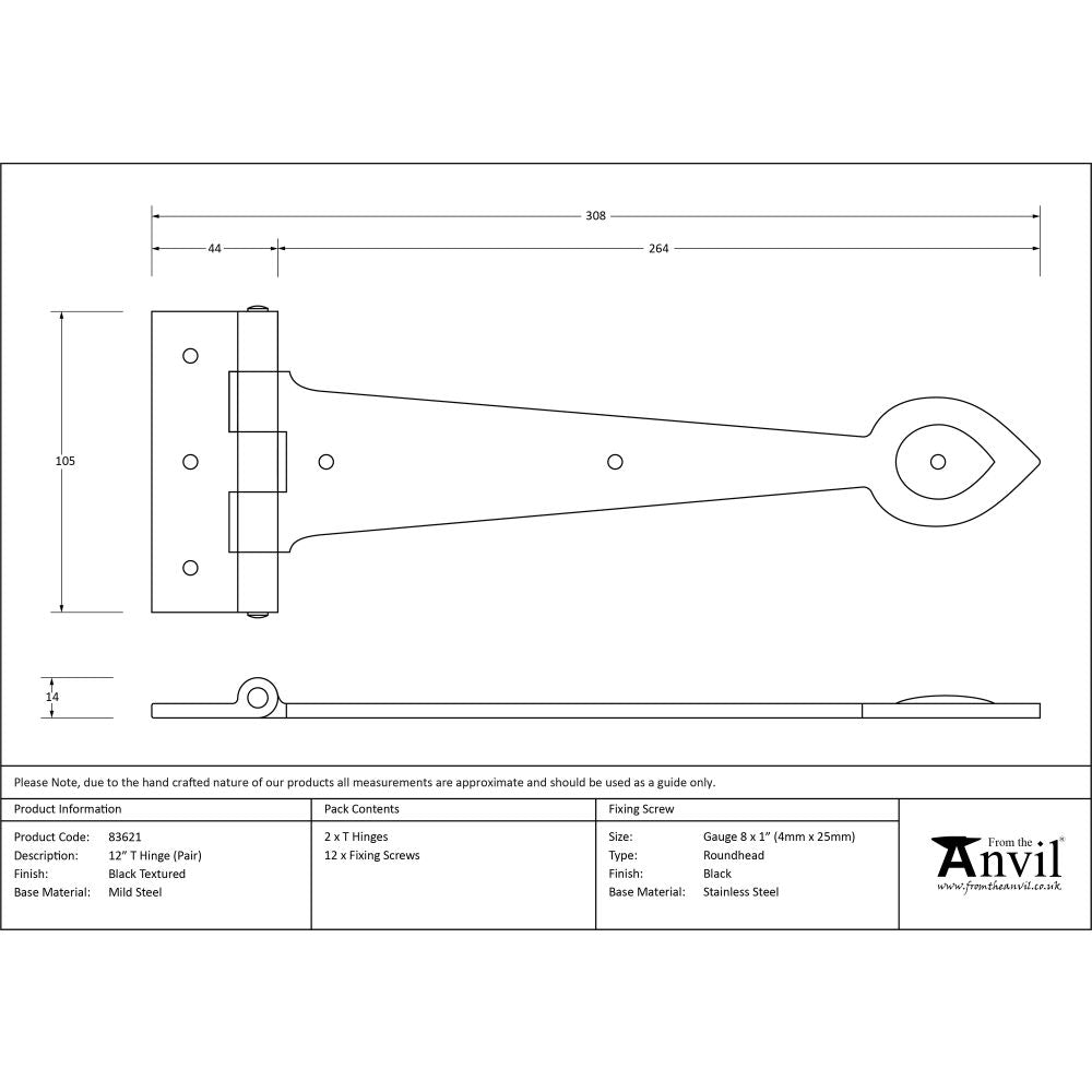 High quality image of From The Anvil - Black Textured 12" Cast T Hinge (pair) | Sku. 83621 | Trade Door Handles, Kendal.