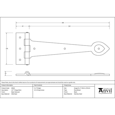 High quality image of From The Anvil - Black Textured 12" Cast T Hinge (pair) | Sku. 83621 | Trade Door Handles, Kendal.