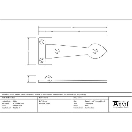 This is an image showing From The Anvil - Black Smooth 6" Cast T Hinge (pair) available from trade door handles, quick delivery and discounted prices