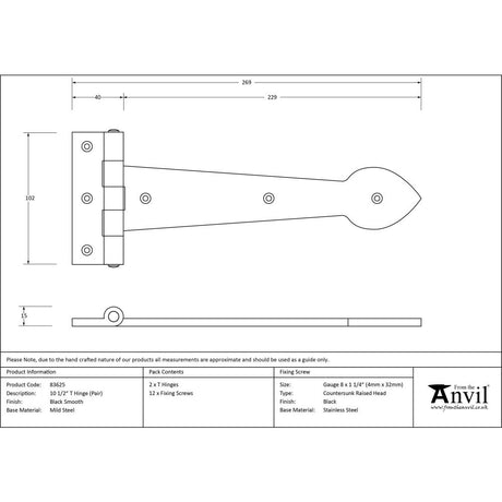 This is an image showing From The Anvil - Black Smooth 10 1/2" Cast T Hinge (pair) available from trade door handles, quick delivery and discounted prices