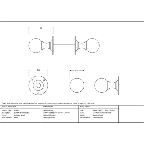 This is an image showing From The Anvil - Polished Nickel Ball Mortice Knob Set available from trade door handles, quick delivery and discounted prices