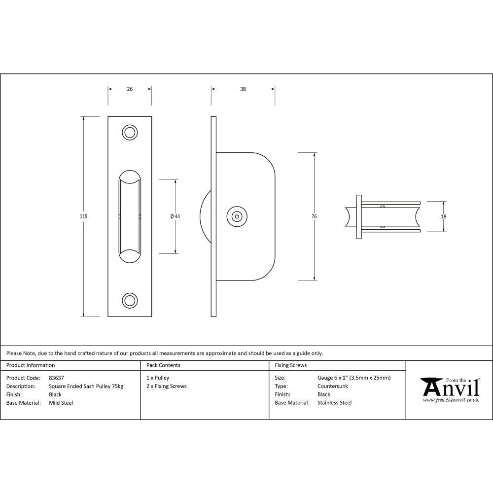 This is an image showing From The Anvil - Black Square Ended Sash Pulley 75kg available from trade door handles, quick delivery and discounted prices