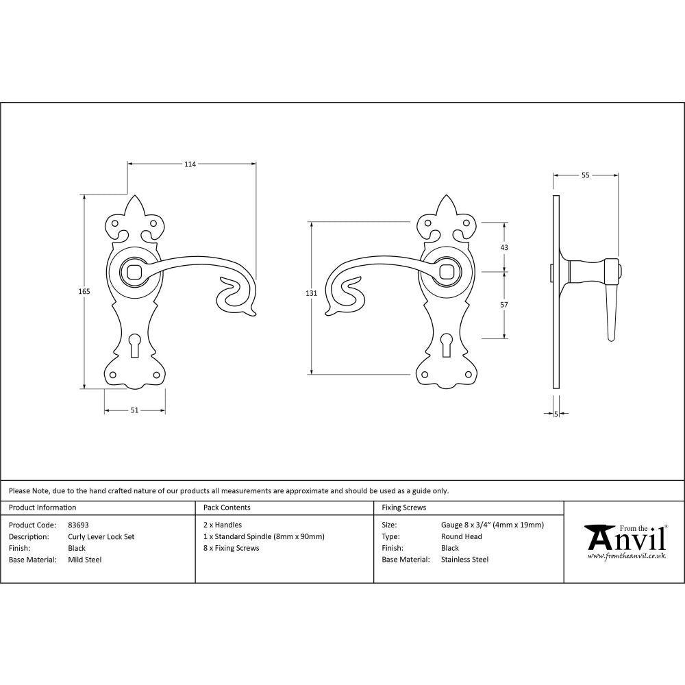 This is an image showing From The Anvil - Black Curly Lever Lock Set available from trade door handles, quick delivery and discounted prices