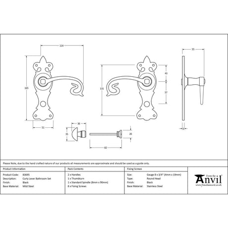 This is an image showing From The Anvil - Black Curly Lever Bathroom Set available from trade door handles, quick delivery and discounted prices