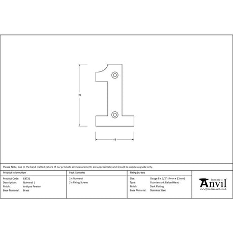 High quality image of From The Anvil - Antique Pewter Numeral 1 | Sku. 83731 | Trade Door Handles, Kendal.