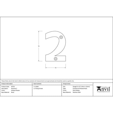 High quality image of From The Anvil - Antique Pewter Numeral 2 | Sku. 83732 | Trade Door Handles, Kendal.