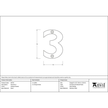 High quality image of From The Anvil - Antique Pewter Numeral 3 | Sku. 83733 | Trade Door Handles, Kendal.