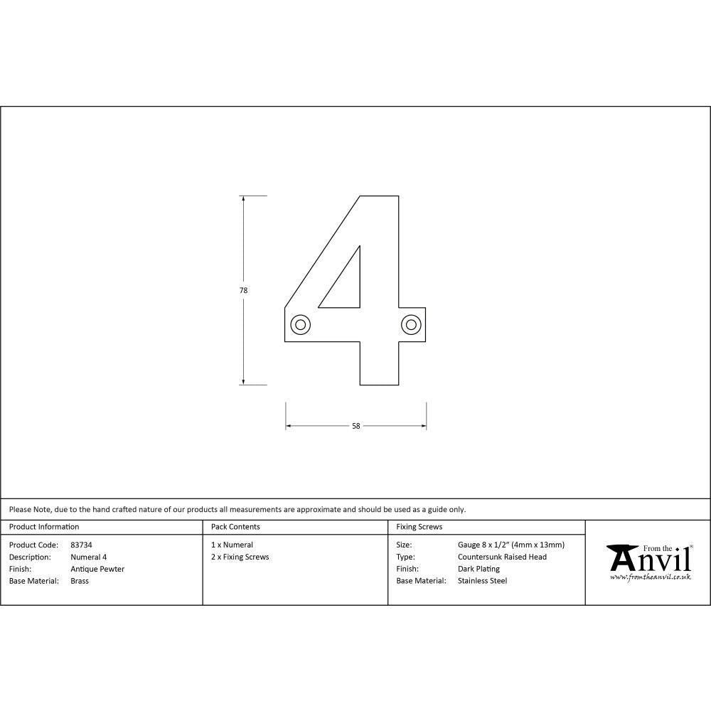 High quality image of From The Anvil - Antique Pewter Numeral 4 | Sku. 83734 | Trade Door Handles, Kendal.