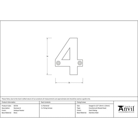 High quality image of From The Anvil - Antique Pewter Numeral 4 | Sku. 83734 | Trade Door Handles, Kendal.