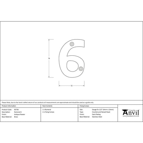 High quality image of From The Anvil - Antique Pewter Numeral 6 | Sku. 83736 | Trade Door Handles, Kendal.