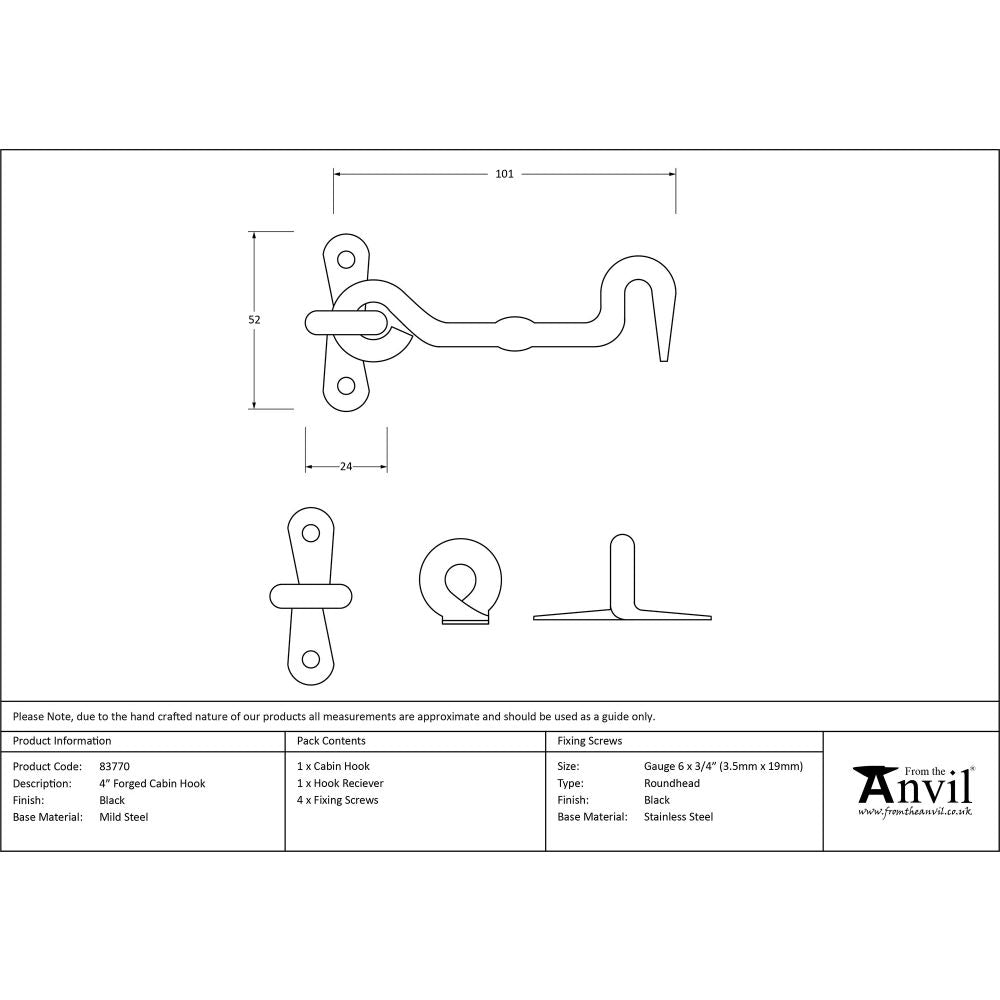 This is an image showing From The Anvil - Black 4" Forged Cabin Hook available from trade door handles, quick delivery and discounted prices