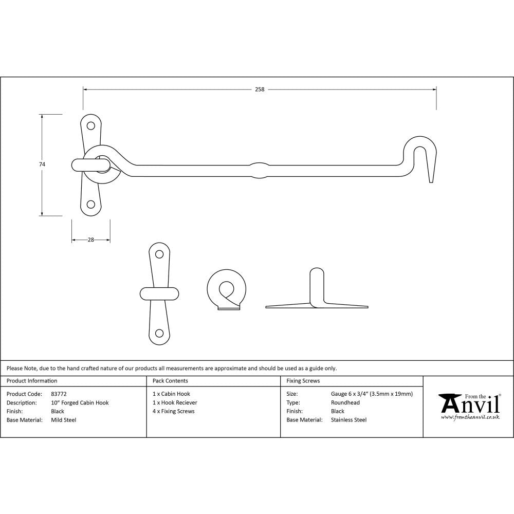 This is an image showing From The Anvil - Black 10" Forged Cabin Hook available from trade door handles, quick delivery and discounted prices