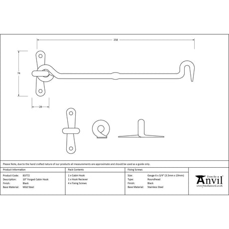 This is an image showing From The Anvil - Black 10" Forged Cabin Hook available from trade door handles, quick delivery and discounted prices