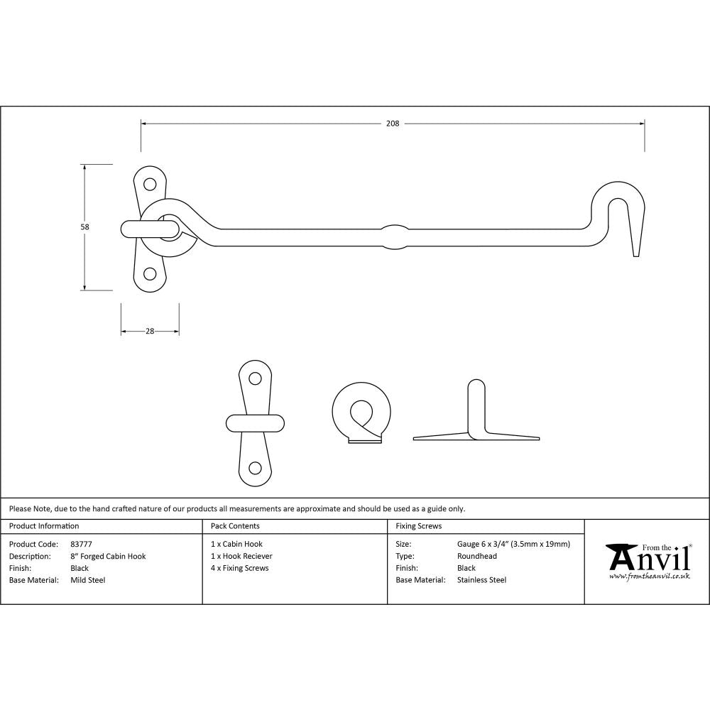 This is an image showing From The Anvil - Black 8" Forged Cabin Hook available from trade door handles, quick delivery and discounted prices