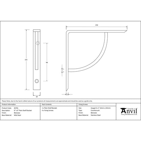 High quality image of From The Anvil - Beeswax 6'' x 6'' Plain Shelf Bracket | Sku. 83781 | Trade Door Handles, Kendal.
