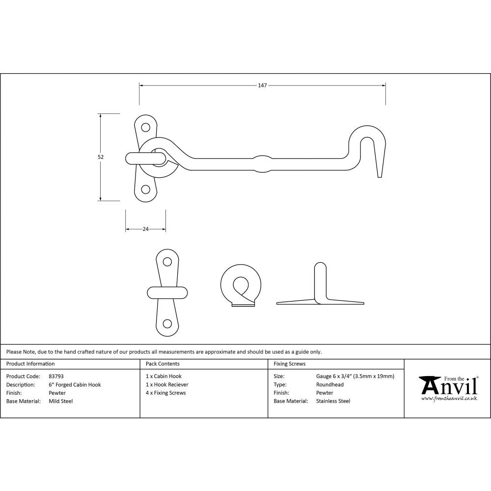 This is an image showing From The Anvil - Pewter 6" Forged Cabin Hook available from trade door handles, quick delivery and discounted prices