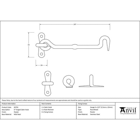 This is an image showing From The Anvil - Pewter 6" Forged Cabin Hook available from trade door handles, quick delivery and discounted prices