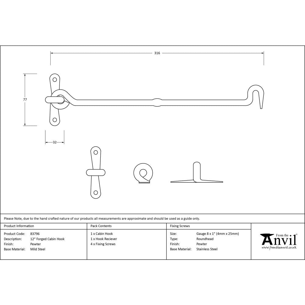 This is an image showing From The Anvil - Pewter 12" Forged Cabin Hook available from trade door handles, quick delivery and discounted prices