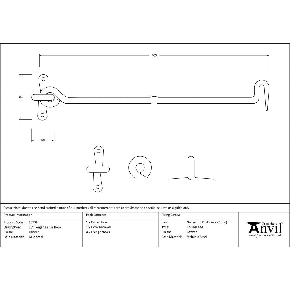 This is an image showing From The Anvil - Pewter 16" Forged Cabin Hook available from trade door handles, quick delivery and discounted prices