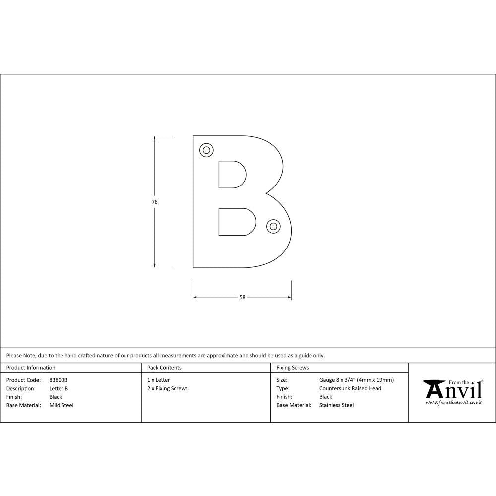 High quality image of From The Anvil - Black Letter B | Sku. 83800b | Trade Door Handles, Kendal.
