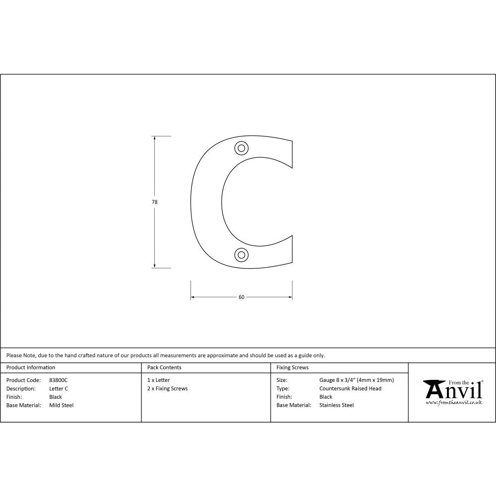 High quality image of From The Anvil - Black Letter C | Sku. 83800c | Trade Door Handles, Kendal.