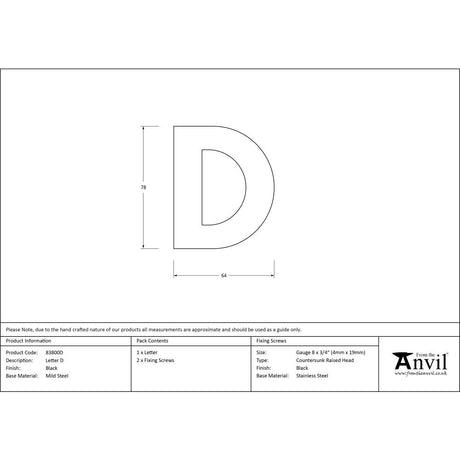 High quality image of From The Anvil - Black Letter D | Sku. 83800d | Trade Door Handles, Kendal.