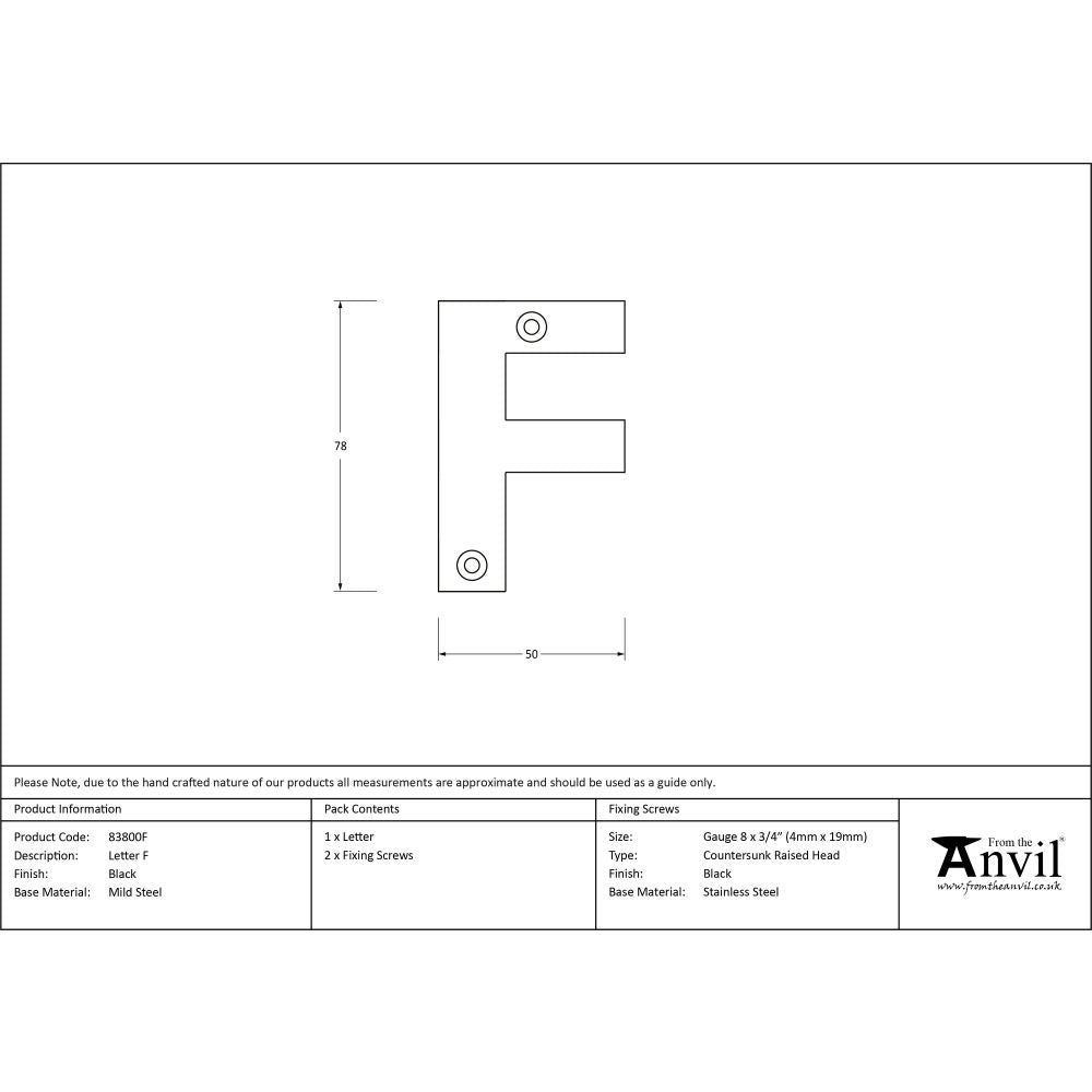 High quality image of From The Anvil - Black Letter F | Sku. 83800f | Trade Door Handles, Kendal.