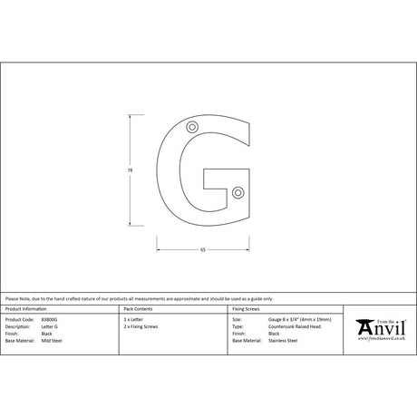 High quality image of From The Anvil - Black Letter G | Sku. 83800g | Trade Door Handles, Kendal.