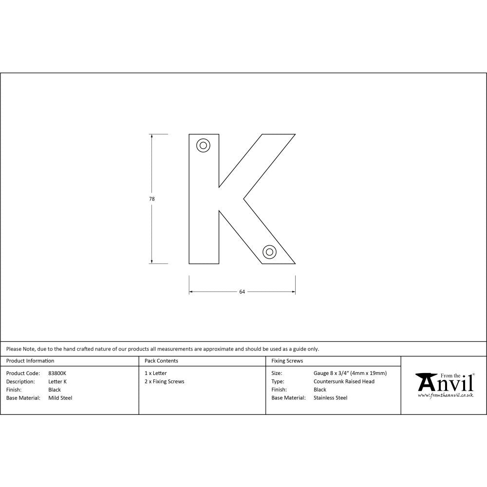 High quality image of From The Anvil - Black Letter K | Sku. 83800k | Trade Door Handles, Kendal.