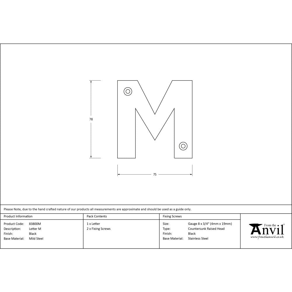 High quality image of From The Anvil - Black Letter M | Sku. 83800m | Trade Door Handles, Kendal.