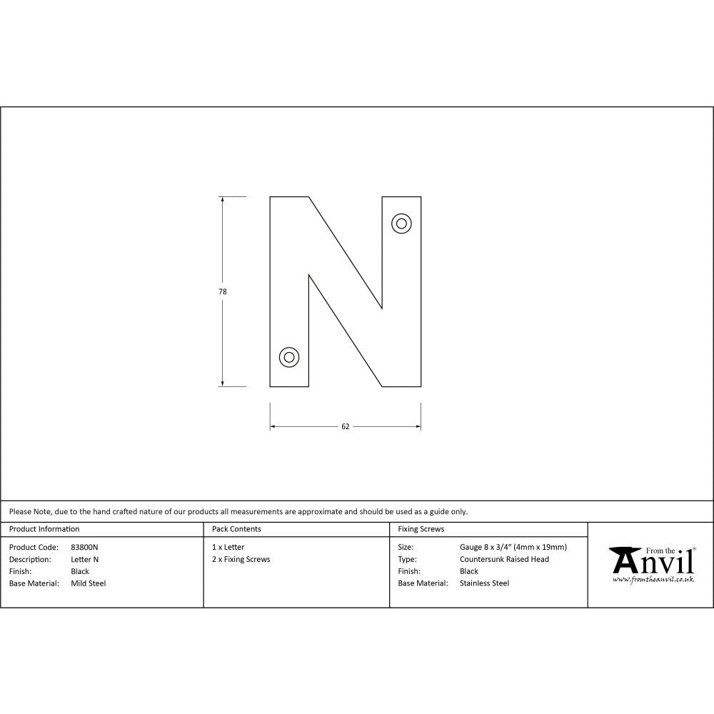 High quality image of From The Anvil - Black Letter N | Sku. 83800n | Trade Door Handles, Kendal.