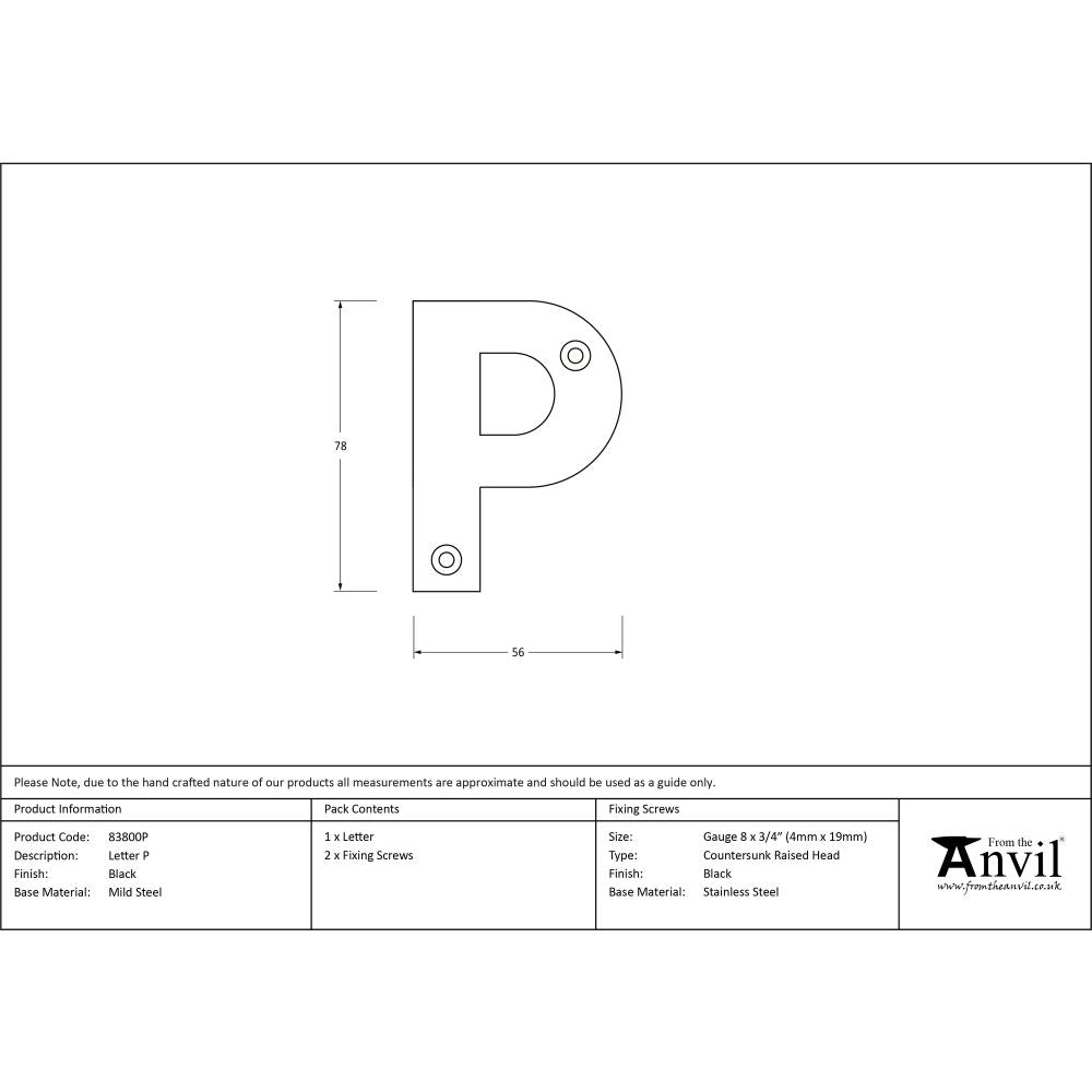 High quality image of From The Anvil - Black Letter P | Sku. 83800p | Trade Door Handles, Kendal.