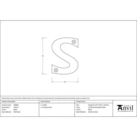 High quality image of From The Anvil - Black Letter S | Sku. 83800s | Trade Door Handles, Kendal.