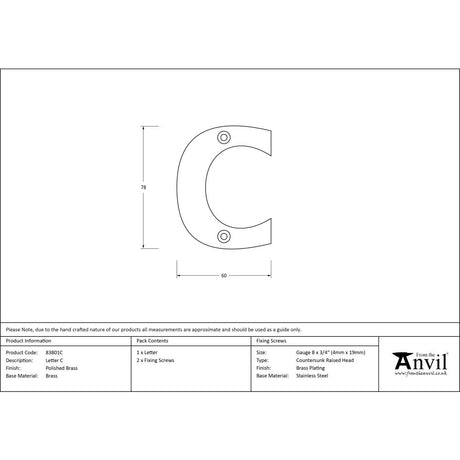 High quality image of From The Anvil - Polished Brass Letter C | Sku. 83801c | Trade Door Handles, Kendal.