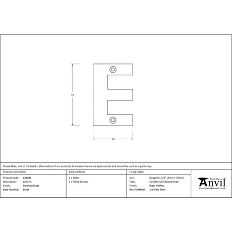 High quality image of From The Anvil - Polished Brass Letter E | Sku. 83801e | Trade Door Handles, Kendal.
