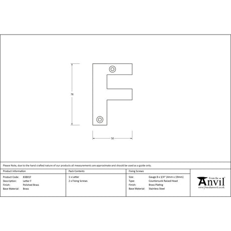 High quality image of From The Anvil - Polished Brass Letter F | Sku. 83801f | Trade Door Handles, Kendal.