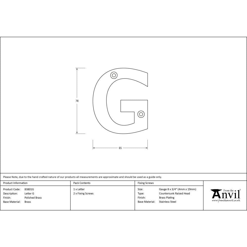 High quality image of From The Anvil - Polished Brass Letter G | Sku. 83801g | Trade Door Handles, Kendal.