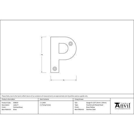 High quality image of From The Anvil - Polished Brass Letter P | Sku. 83801p | Trade Door Handles, Kendal.