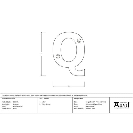 High quality image of From The Anvil - Polished Brass Letter Q | Sku. 83801q | Trade Door Handles, Kendal.